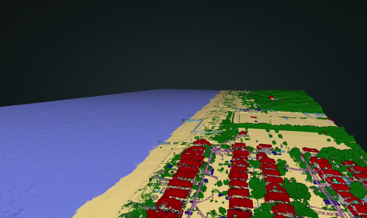 Classified coastal point cloud showing green-LiDAR bathymetric penetration into the water column
